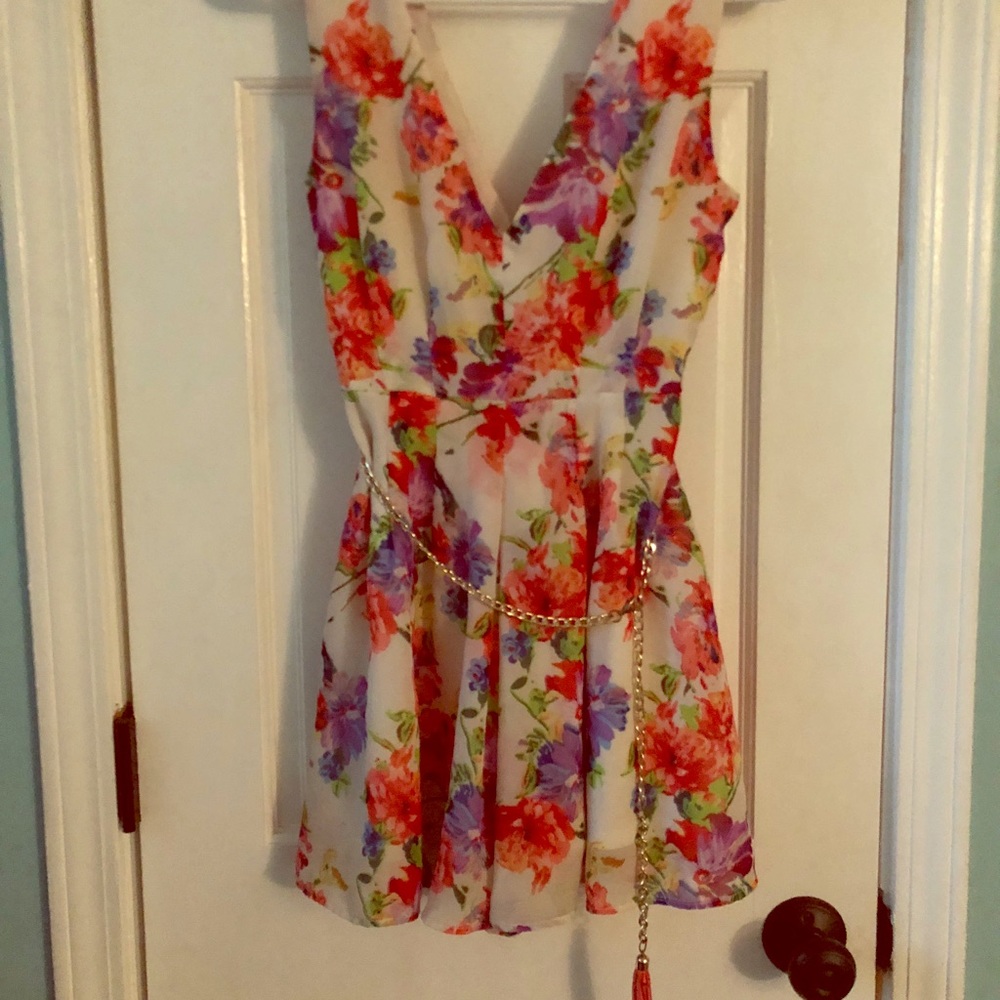 Floral Romper with Gold Chain Belt with a Tassel